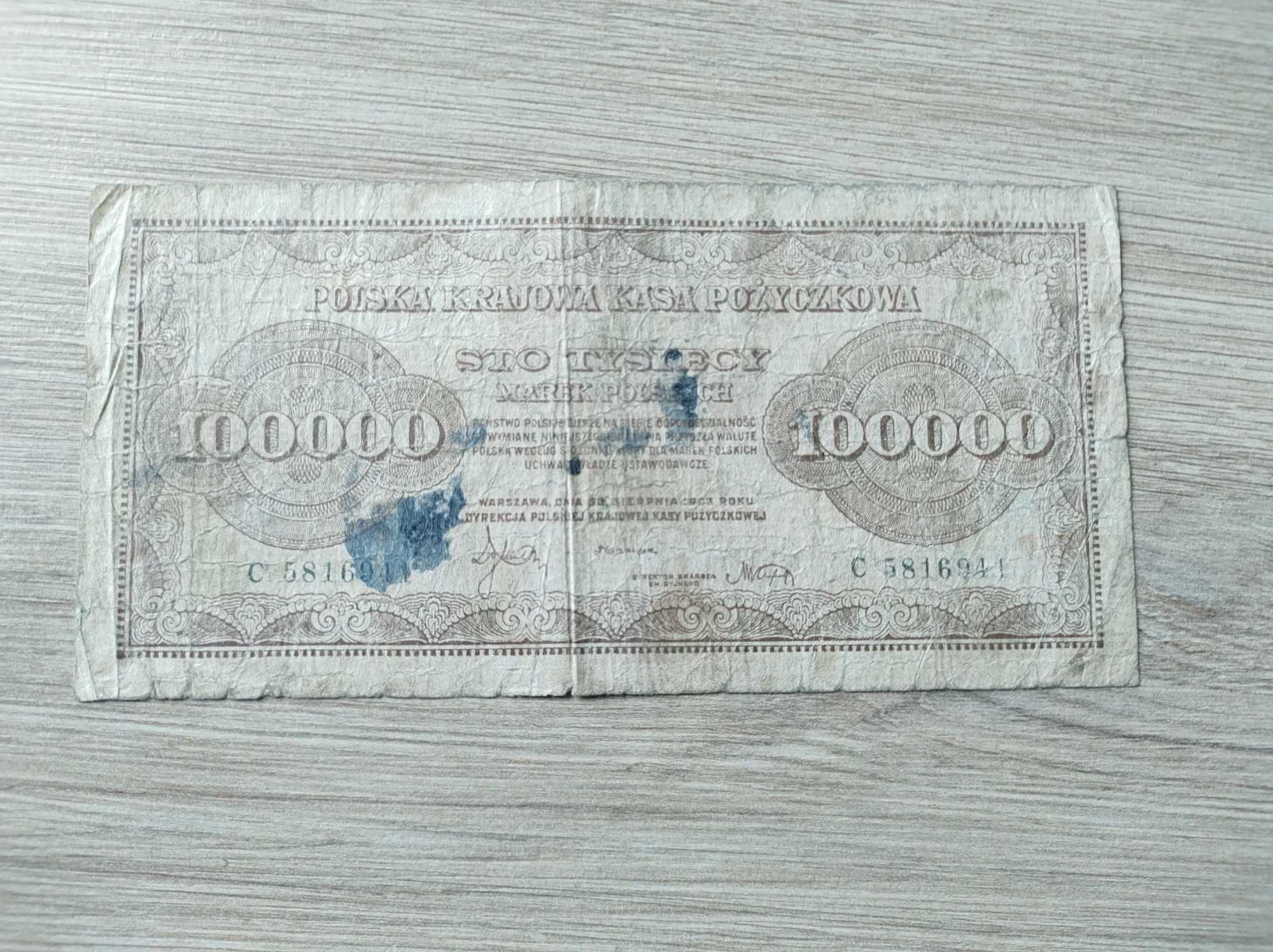 Banknot 100 000 Marek Polskich seria C 1923 inflacja 100 sto tysięcy