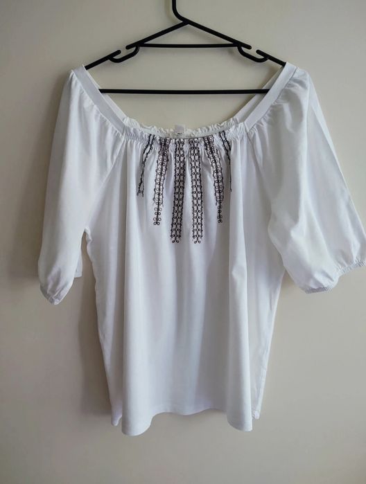 Biała bluzka z krótkim rękawem opadające ramiona haft rozmiar XL Espri