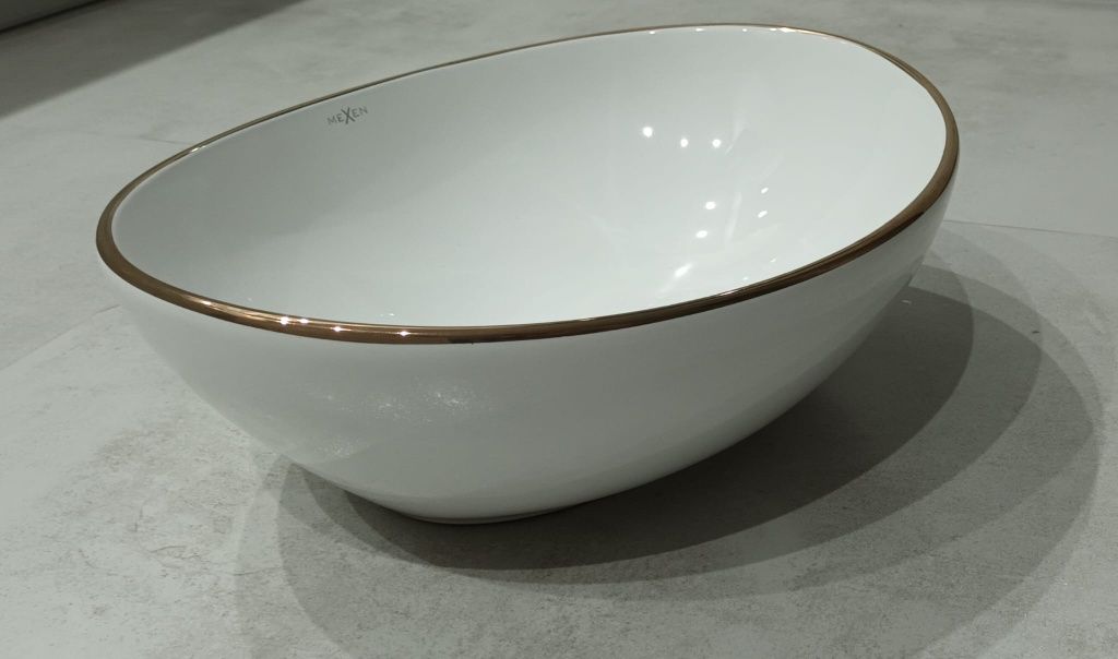 Nowa owalna umywalka łazienkowa biała ze złotą lamówką Elza nablatowa