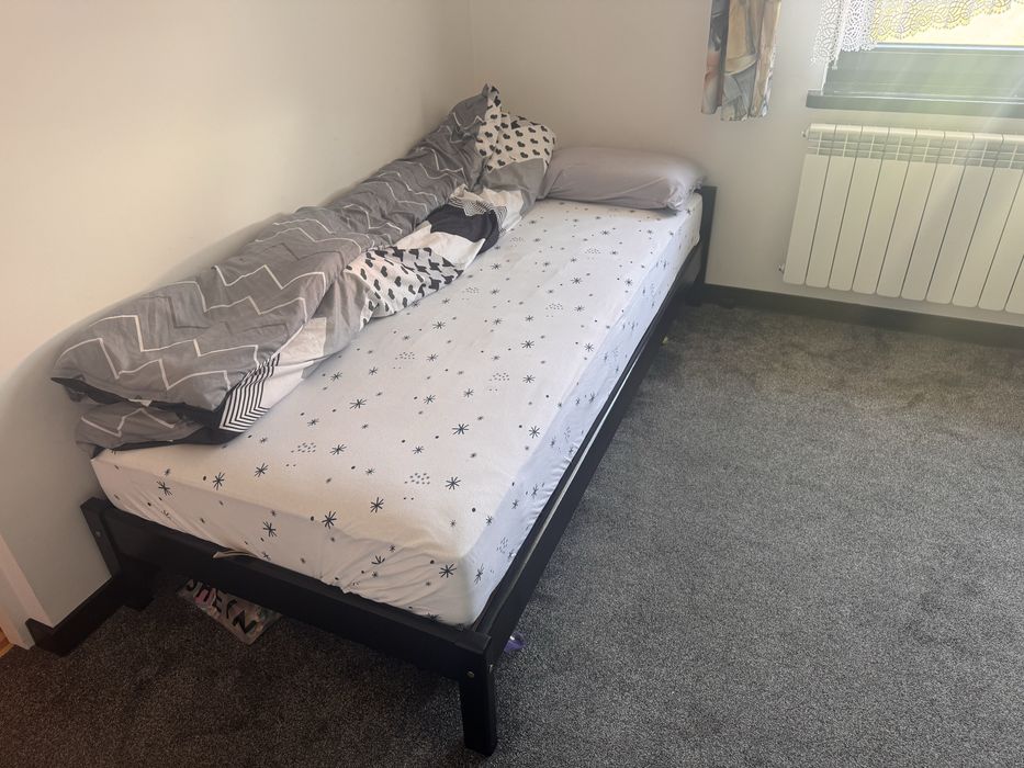 LOZKO czarne sosna 90x200 JANPOL stelaż DUOFLEX REGUL materac AFRODYTA