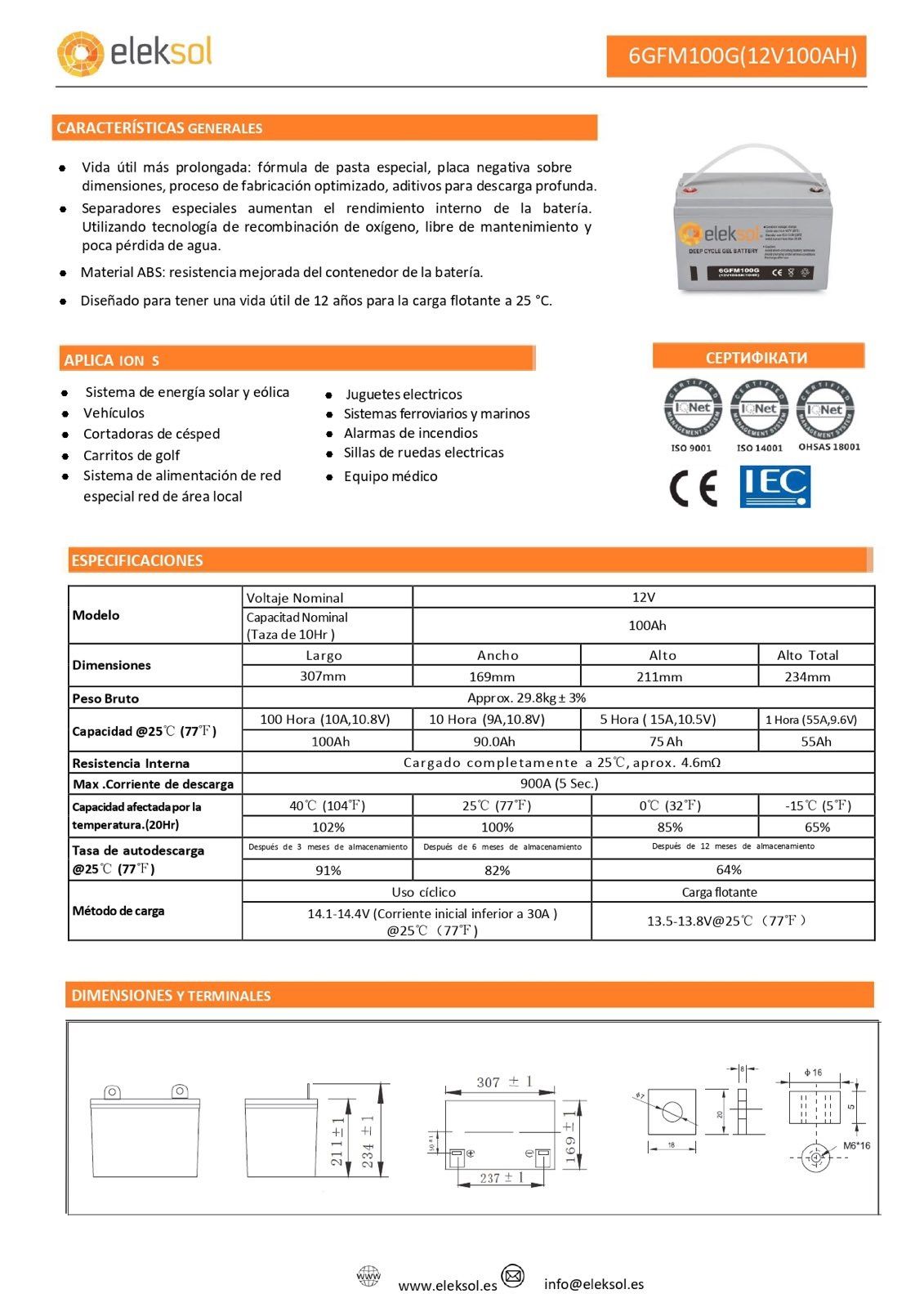 Акумуляторна батарея ELEKSOL 6GFM100 12V 100 Ah eleksol