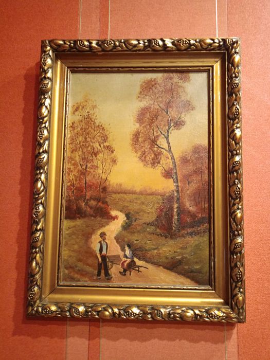 Stary obraz mal. ręcznie ,olejny na płótnie + stara rama.