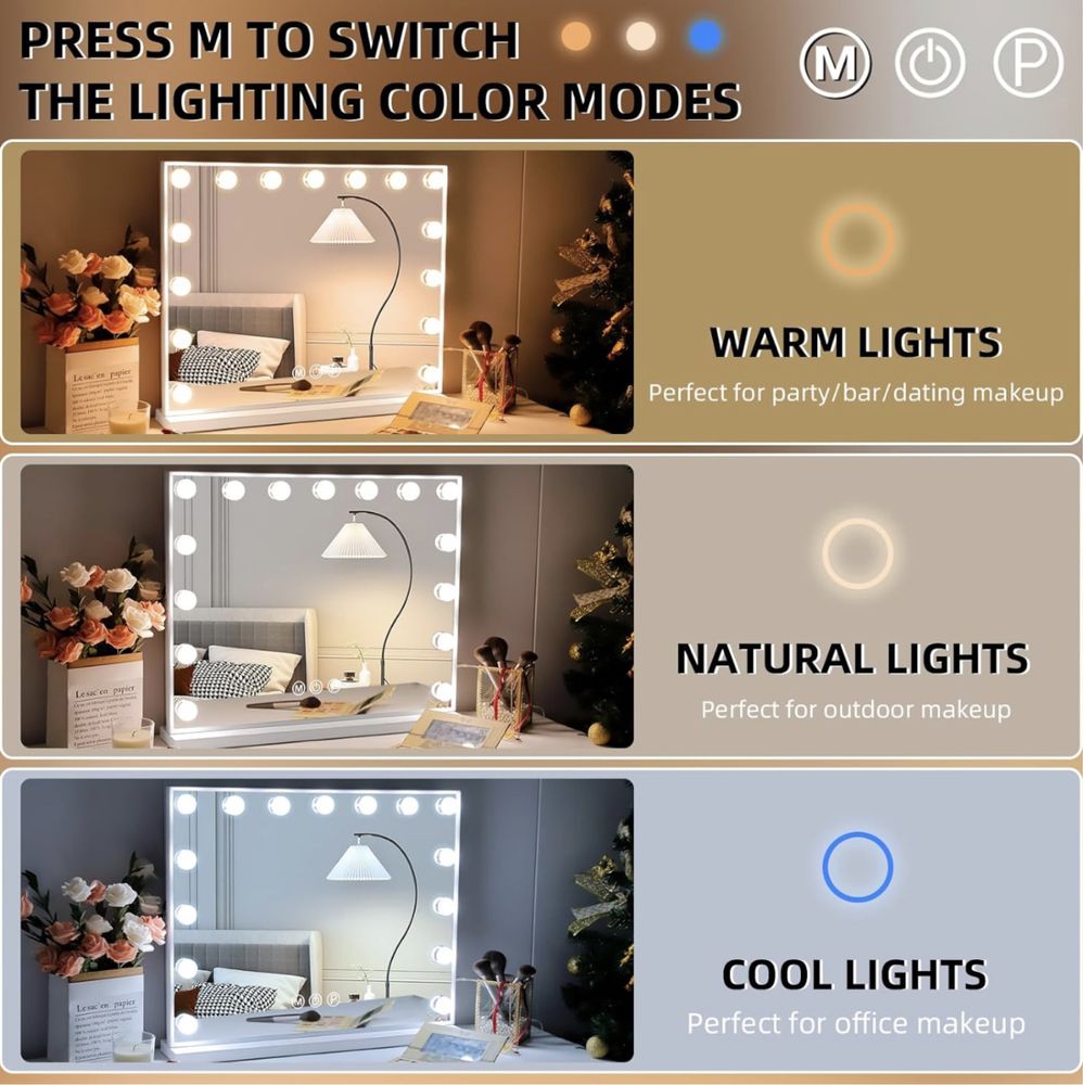 Nowe lustro Hollywood do makijażu, 15 lamp LED, USB, dotyk 58x46 cm