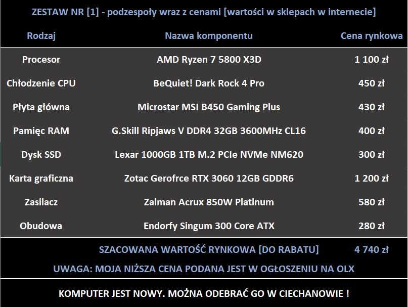NOWY Komputer Ryzen 7 5800X3D GeForce RTX 3060 12GB, 32GB 1TB SSD 850W