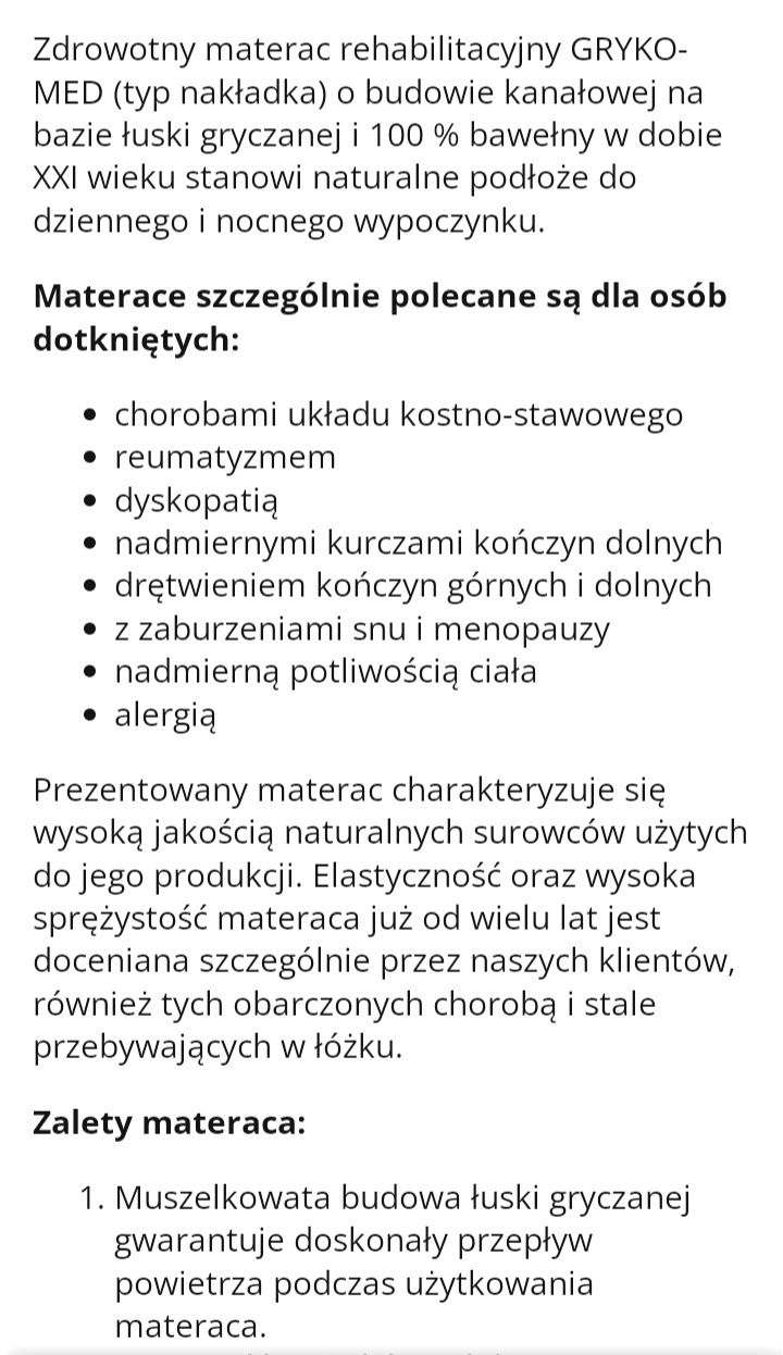 Materac rehabilitacyjny zdrowotny GRYKO-MED