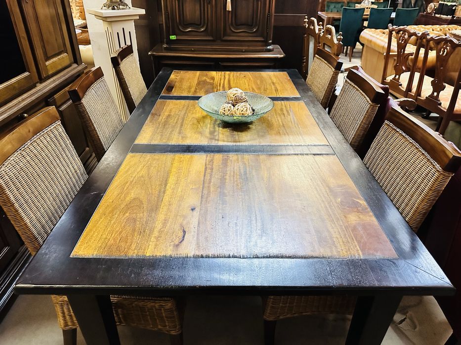 KOLONIALNY stół tekowy z 6 krzesłami z wikliny :)