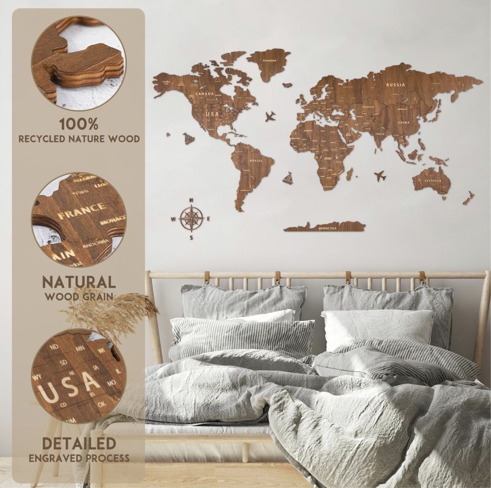 Nowa CREAWOO drewniana mapa świata, duża 150x85 cm, salon, sypialnia!