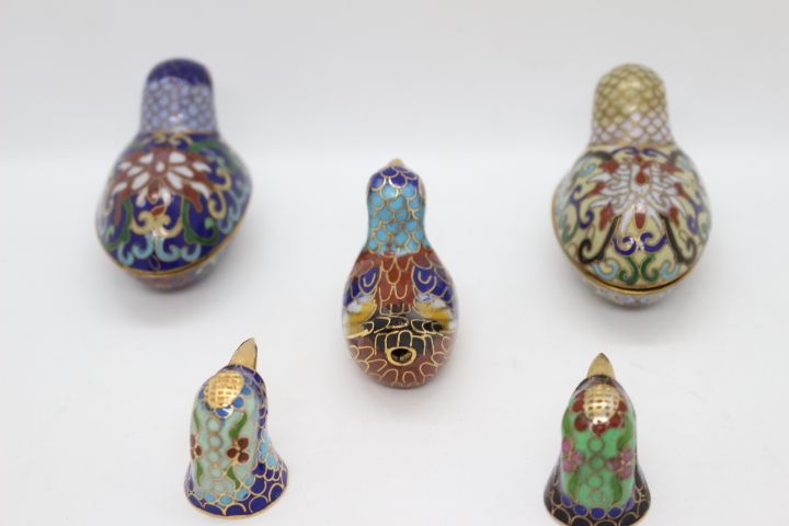 5 Peças Chinesas em Metal Cloisonné Codornizes, Patos e Pássaros