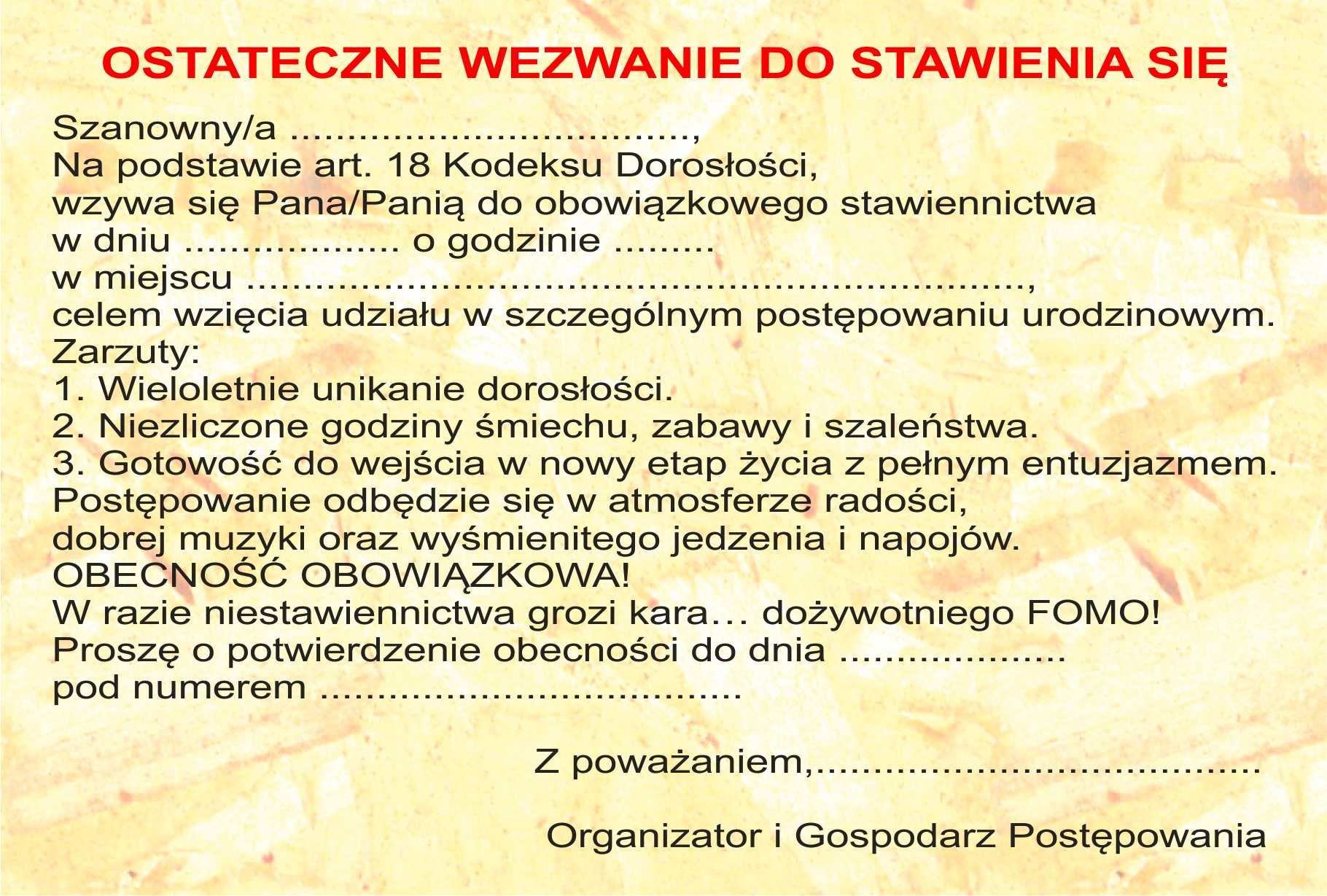 Zaproszenie Na Urodziny 18-Stkę Wezwanie 15Cm X 10Cm + Koperta 10 szt