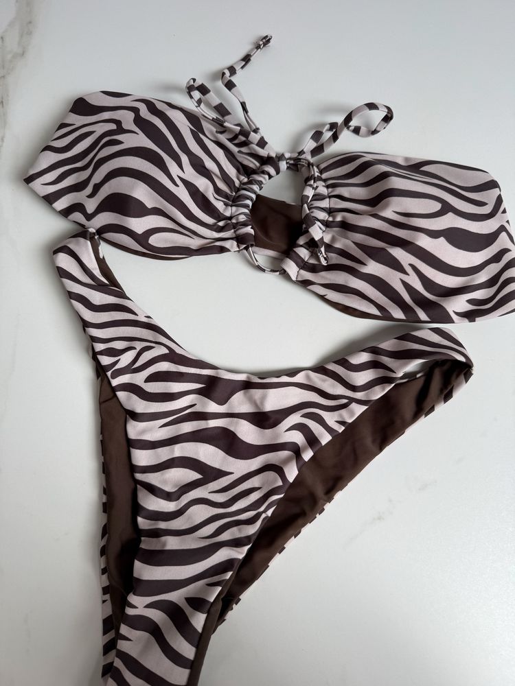 Brązowy strój kąpielowy bikini dwuczęściowy zeberka boho