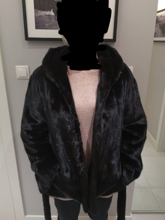 SAGA MINK futro damskie naturalne z norek kaptur czarne r. 40-42