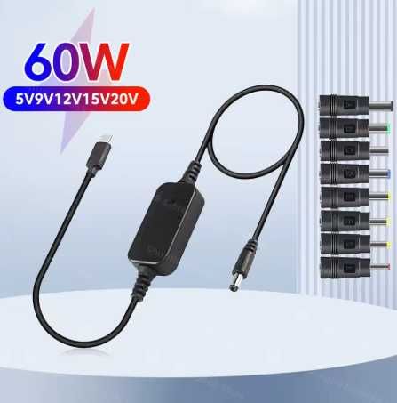 Кабель USB-C/ DC PD 5V 9V 12V 15V 20V 60W 3А для ноутбука, роутера