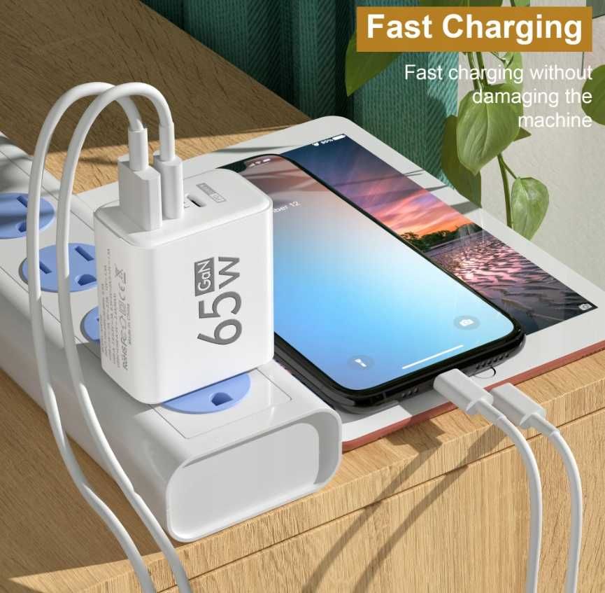 Szybka Ładowarka SIECIOWA 65W GaN 1xUSB A 2x USB C QC 3.0, PD 33W Biel