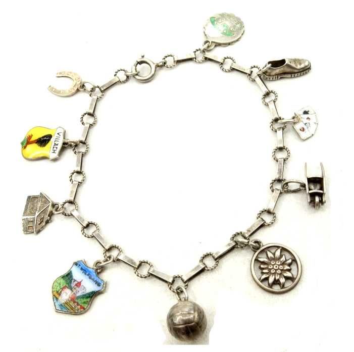 Vintage przedwojenna srebrna bransoletka z wisiorkami charms