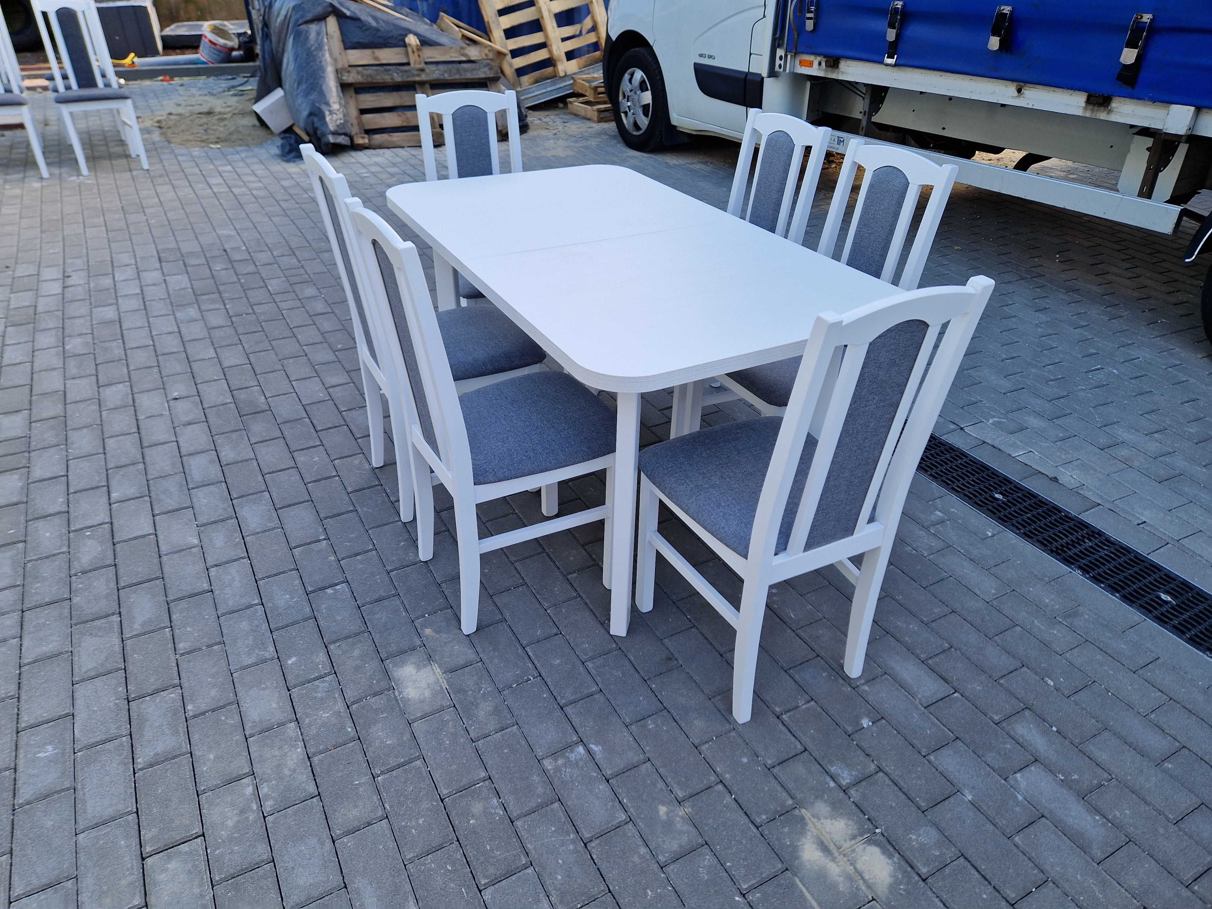 Stół 80x140-180 + 6 krzeseł,  biały+szary, nowe-od ręki, dostawa PL