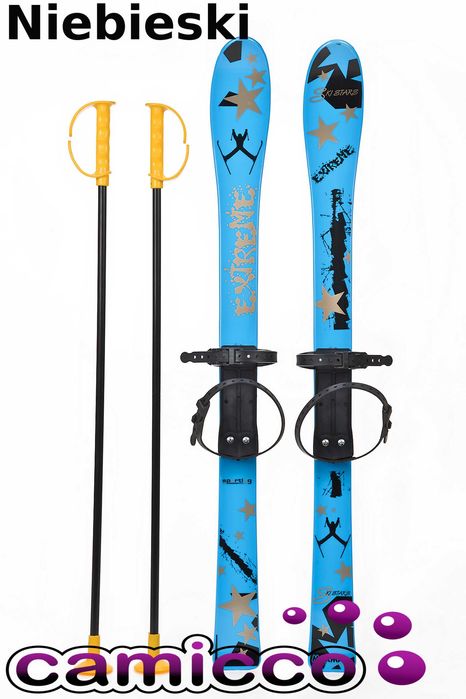 Narty 90 cm dla dzieci z kijkami + WIĄZANIA NARTKI pierwsza jazda