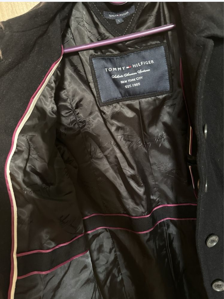 TOMMY HILFIGER S/M płaszcz z paskiem kaszmir aksamit czarny