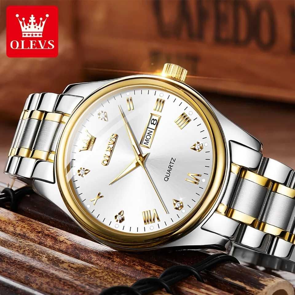 Zegarek kwarcowy Olevs 40mm srebrny złoty unisex datownik WR30 BOX