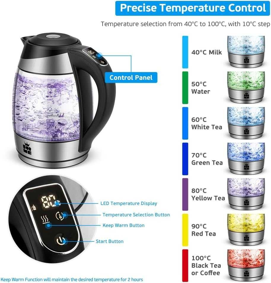 Szklany Czajnik Elektryczny 1,8l  7 Kolorów Temperatury 40-100°C