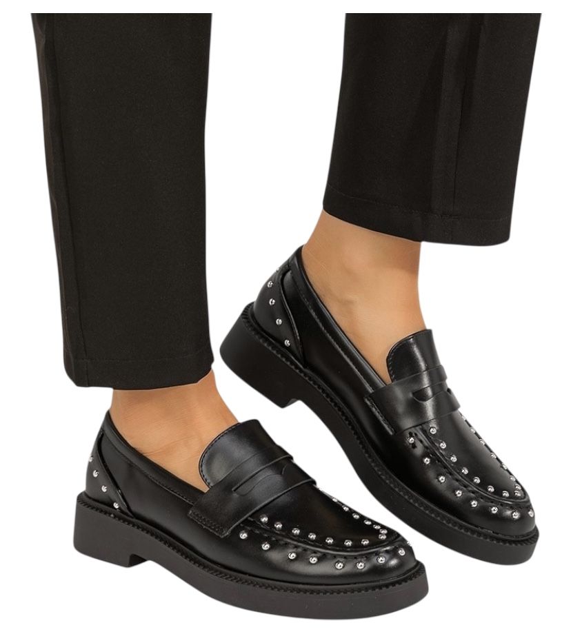 Mokasyny damskie eleganckie czarne z ćwiekami Wilma 39 wsuwane loafers
