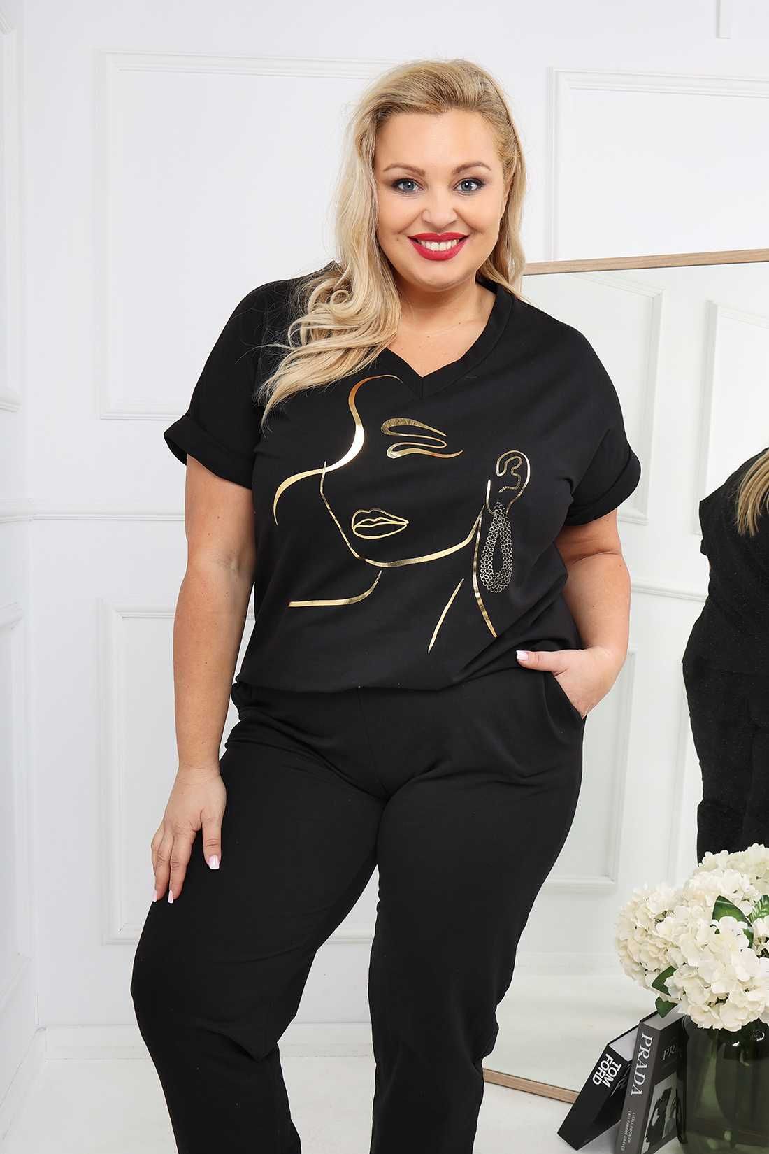 Komplet bawełniany dres czarny plus size złota aplikacja MOON 4XL 48