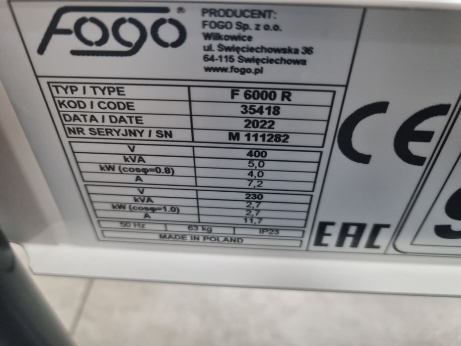 Nowy Agregat Prądotwórczy FOGO F6000R AVR III Fazy Wysyłka 24h