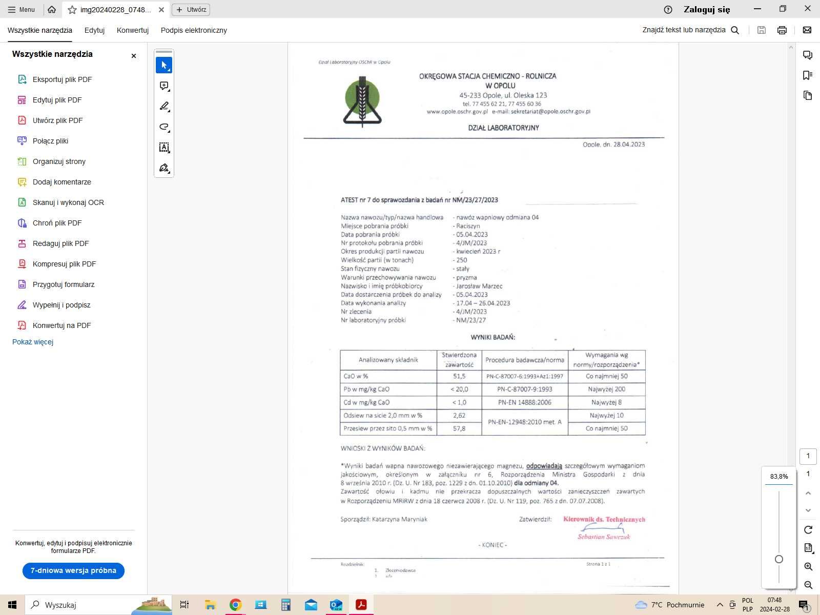 Wapno weglanowe 04 51.4CAO dostawa z certyfikatem i fv