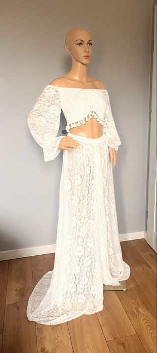 Dwuczęściowa suknia do sesji ciążowej Boho koronkowa biala