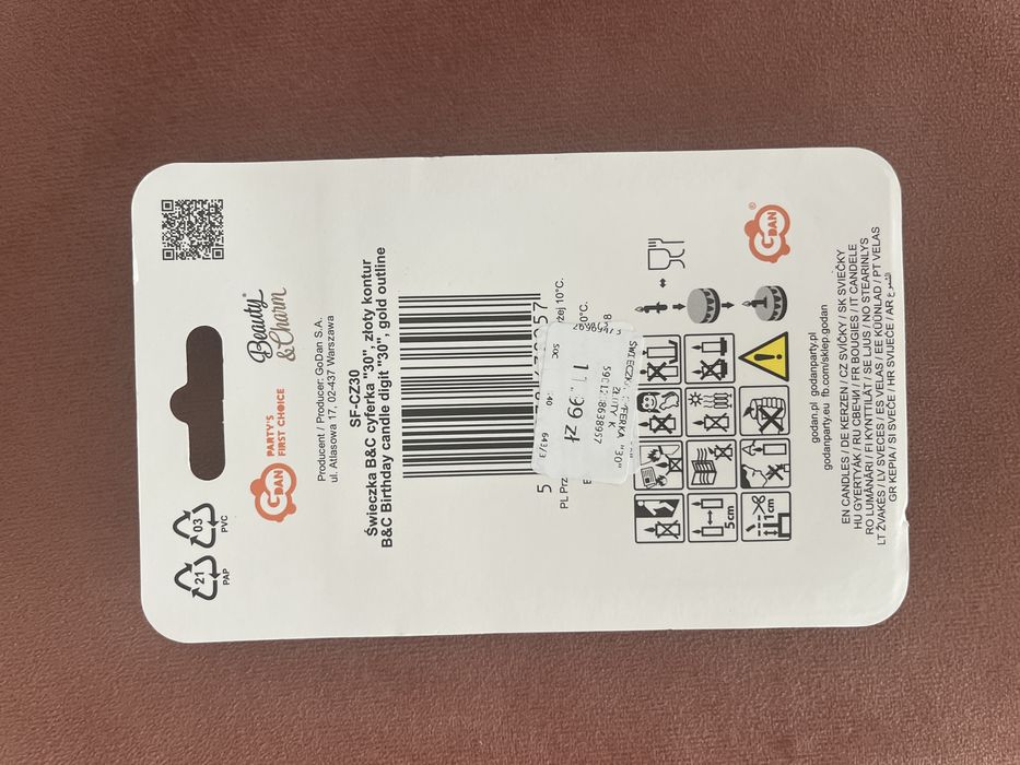 Świeczka na tort 30 urodziny cyfra 30