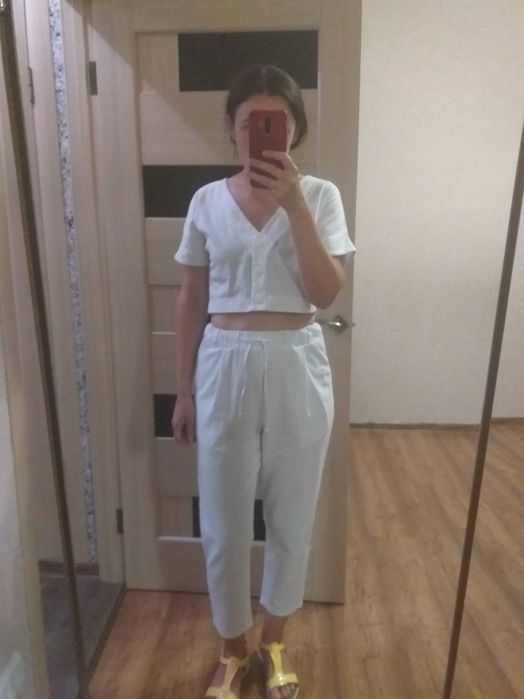 костюм льон штани жакет  білий 46-48