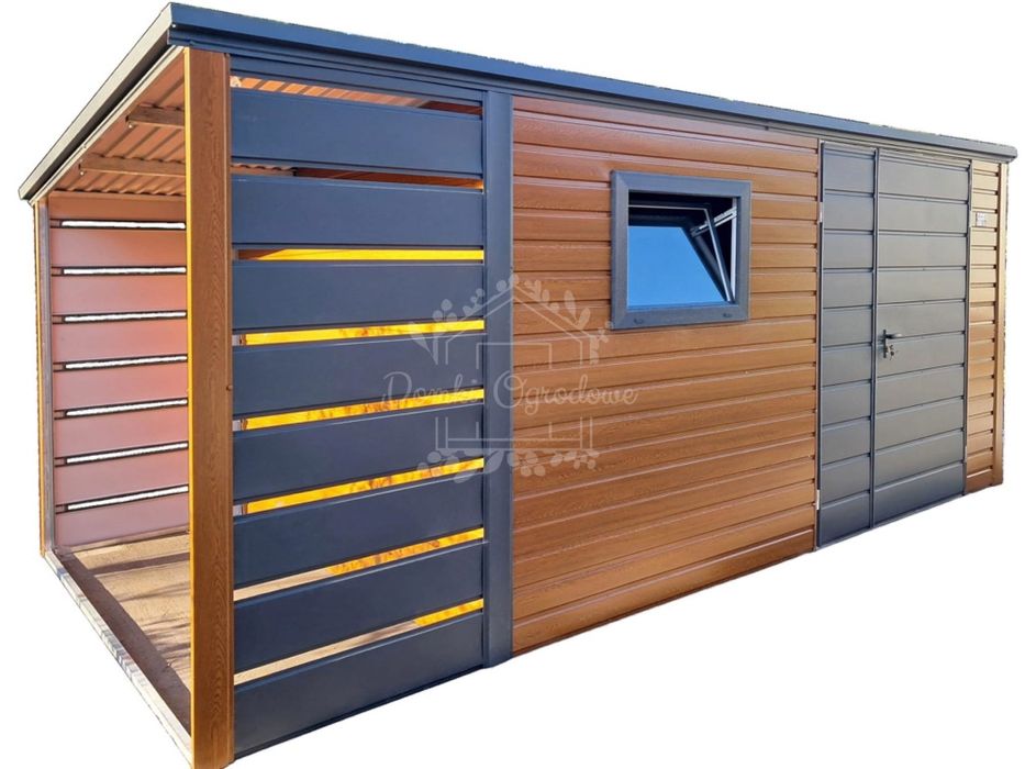 Schowek - domek ogrodowy 4x2,5m + wiata 1m  drewnopodobny ID1019