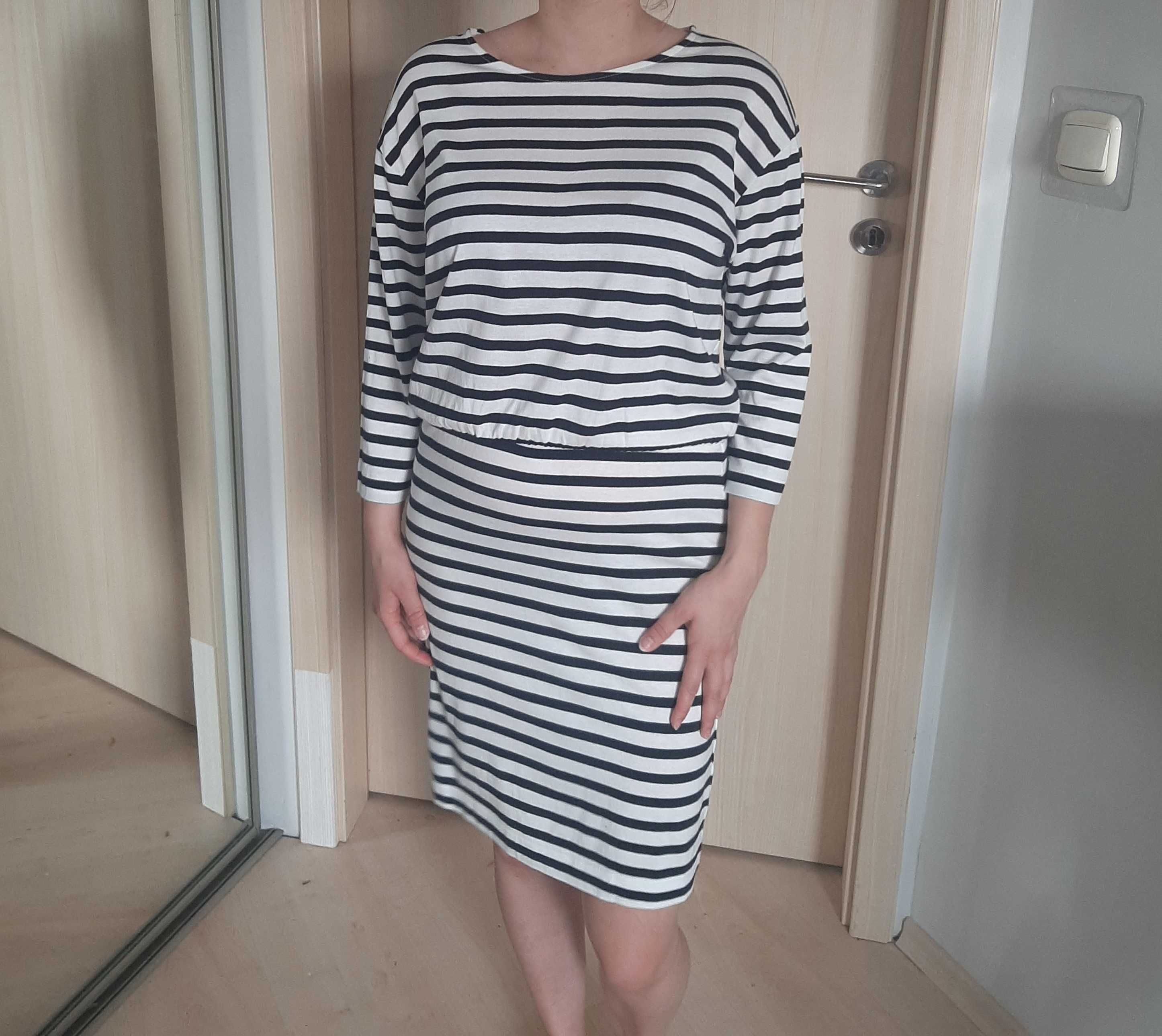 Sukienka casual biała w czarne paski H&M, bawełna i modal, r. S