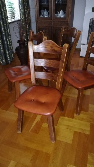 Krzesła 4 szt. komplet dębowe dąb skóra naturalna kasztanowa vintage
