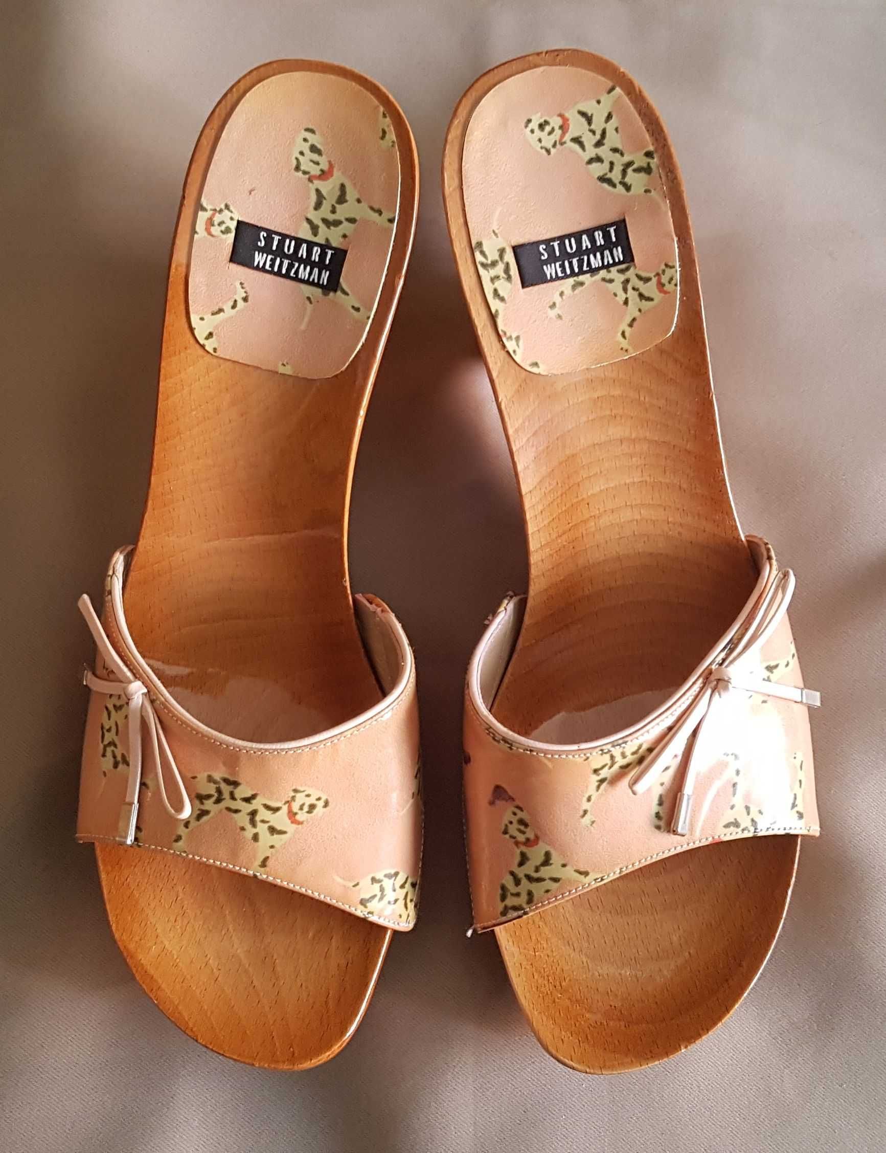 Stuart Weitzman przepiękne klapki drewno skóra dżety 38 bdb+ Hiszpania