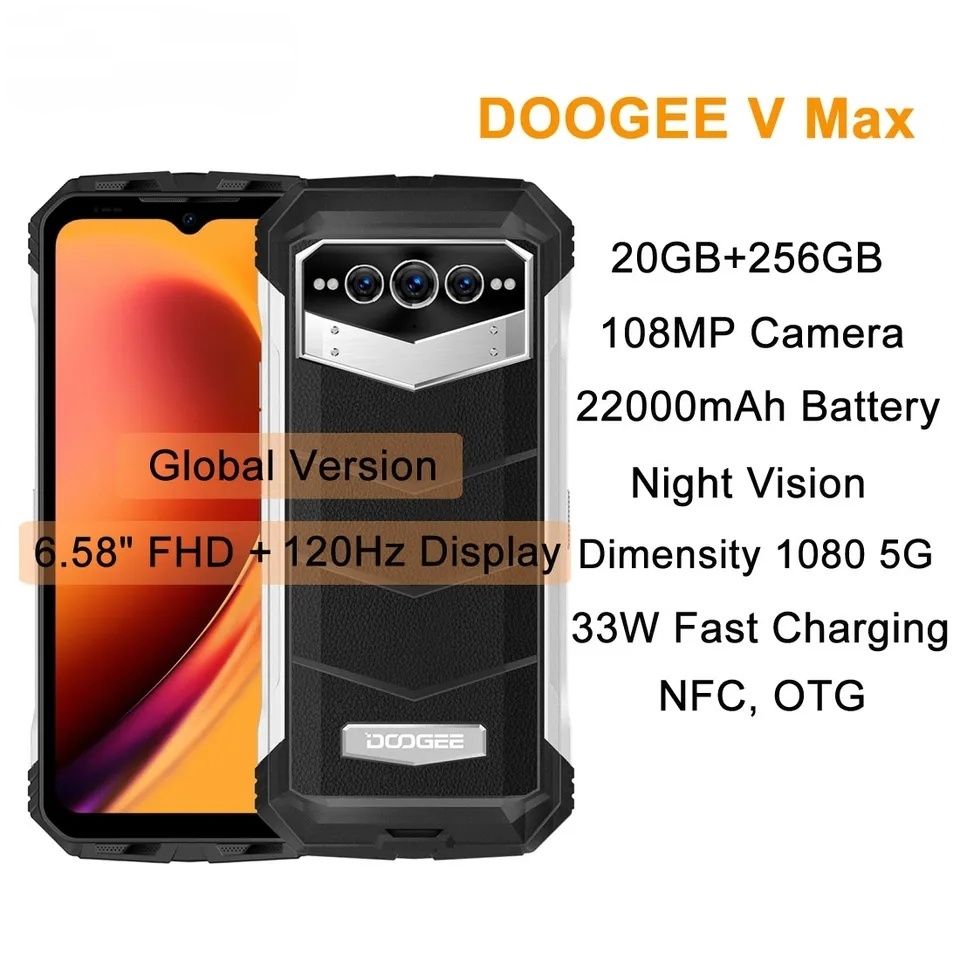 DOOGEE V Max 12+1256GB Dimensity 1080 22000mAh 108MP Стереозвук
