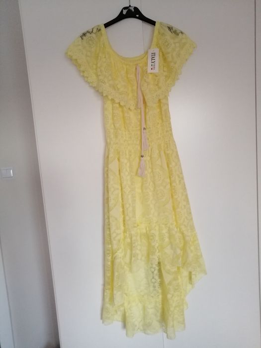 Nowa Żółta koronkowa sukienka hiszpanka asymetryczna xs s m L
