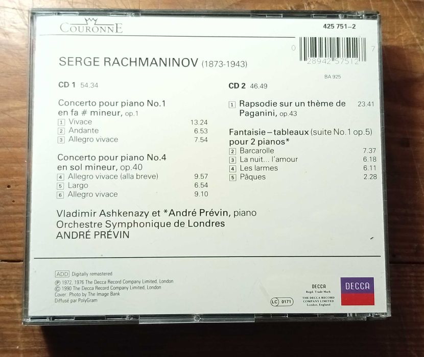 Rachmaninov - Concertos piano 1 & 4 (Ashkenazy, LSO, Prévin) Decca 2CD