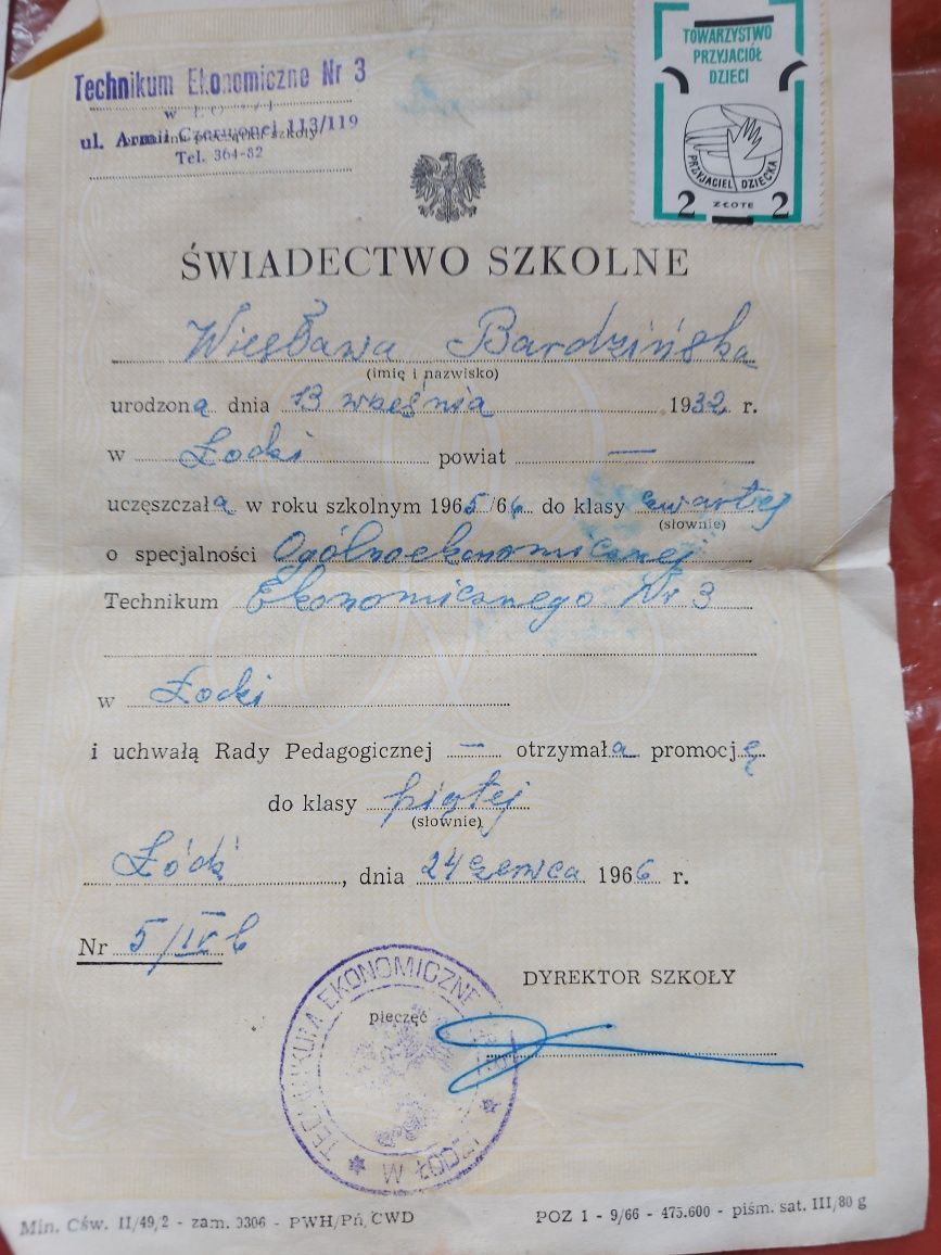 Stare dokumenty 2 sztuki 1966r/1968rok