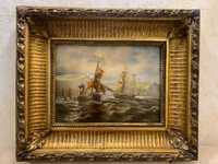 Картина старовинна "Корабли"XIX век.Олія на дереві.Разм.52*62см