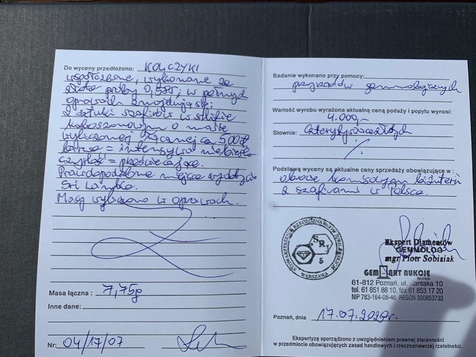 Kolczyki ze złota z szafirami - ekspertyza wykonana