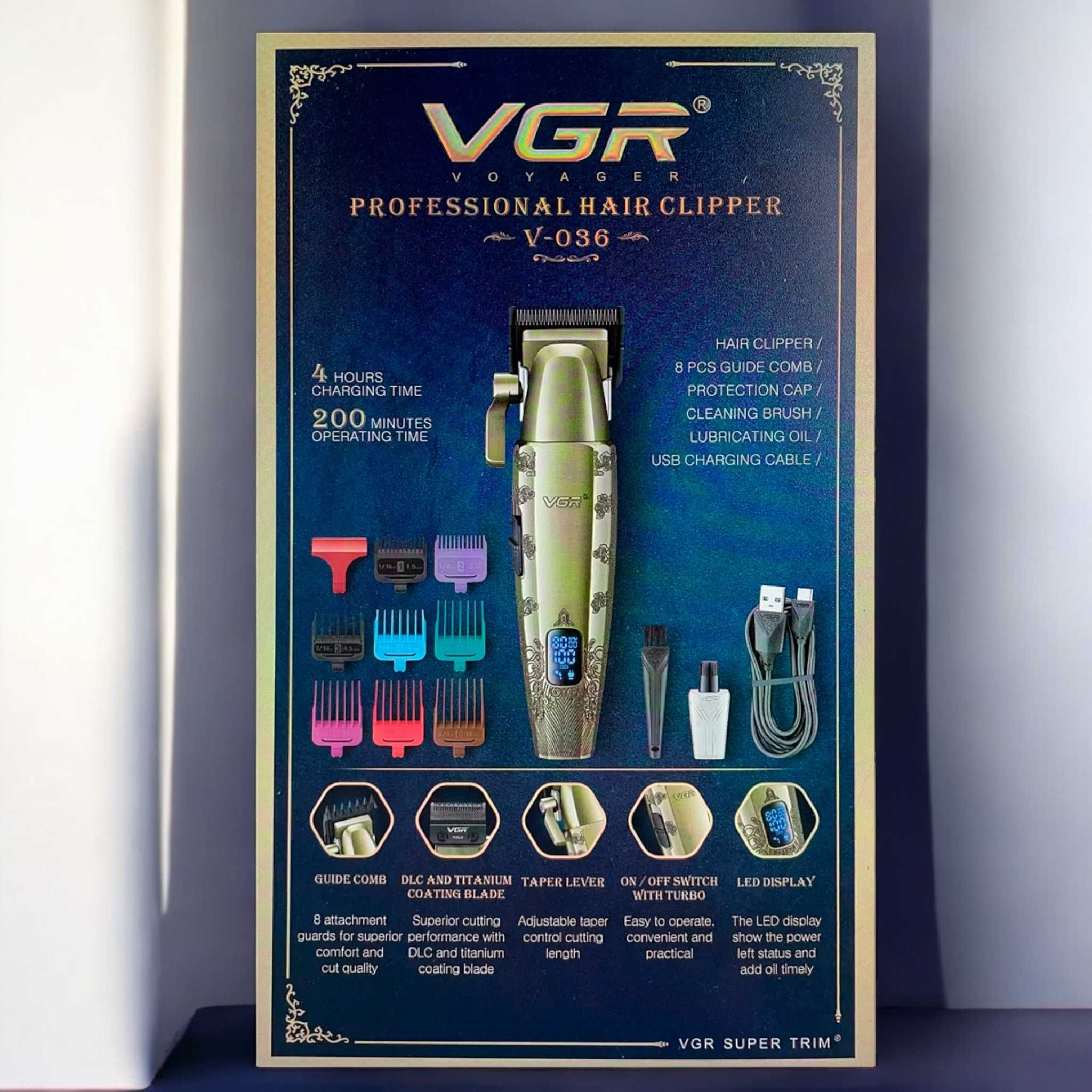 Аккумуляторная машинка для стрижки VGR V-036Gold 8 насадок LED display