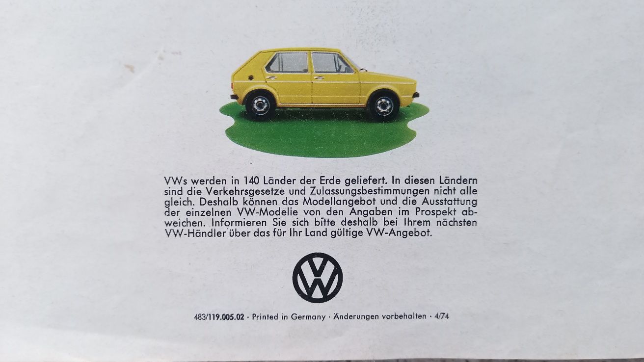 VW Volkswagen Golf 1 (l) 1974 rok Prospekt