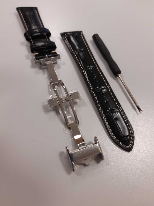 Pasek skórzany do zegarka 21mm Longines czarny z klamrą motylkową