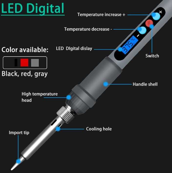 Паяльник с регулировкой температуры 180-500С, 60W LED с подарком.