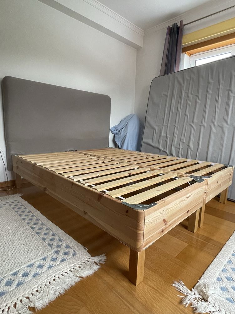 Cama madeira maciça revestida 2 estrados separaveis colchao visco