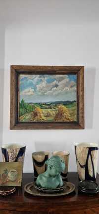 Obraz olej XIX w. muzealny pejzaż  Stogi siana antyk oryginalna rama
