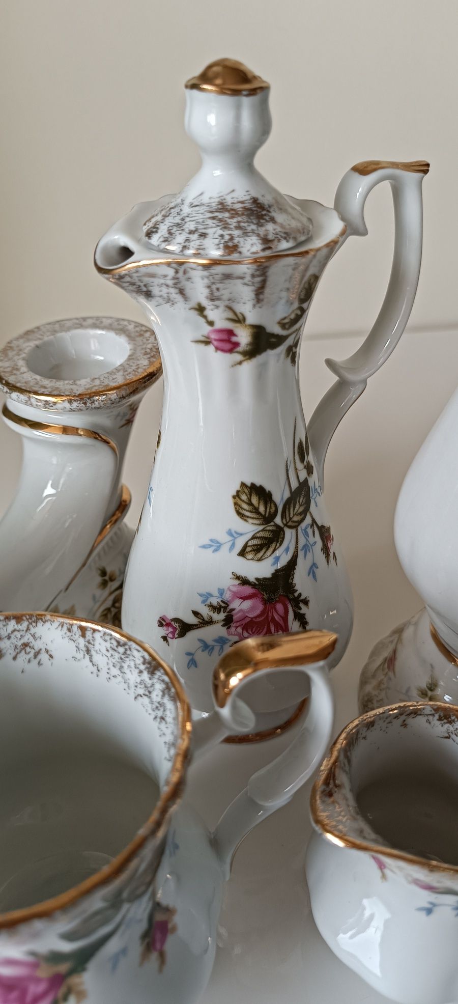 Nowa piękna porcelana Chodzież Róża Iwona złota 5szt świecznik dzbanki