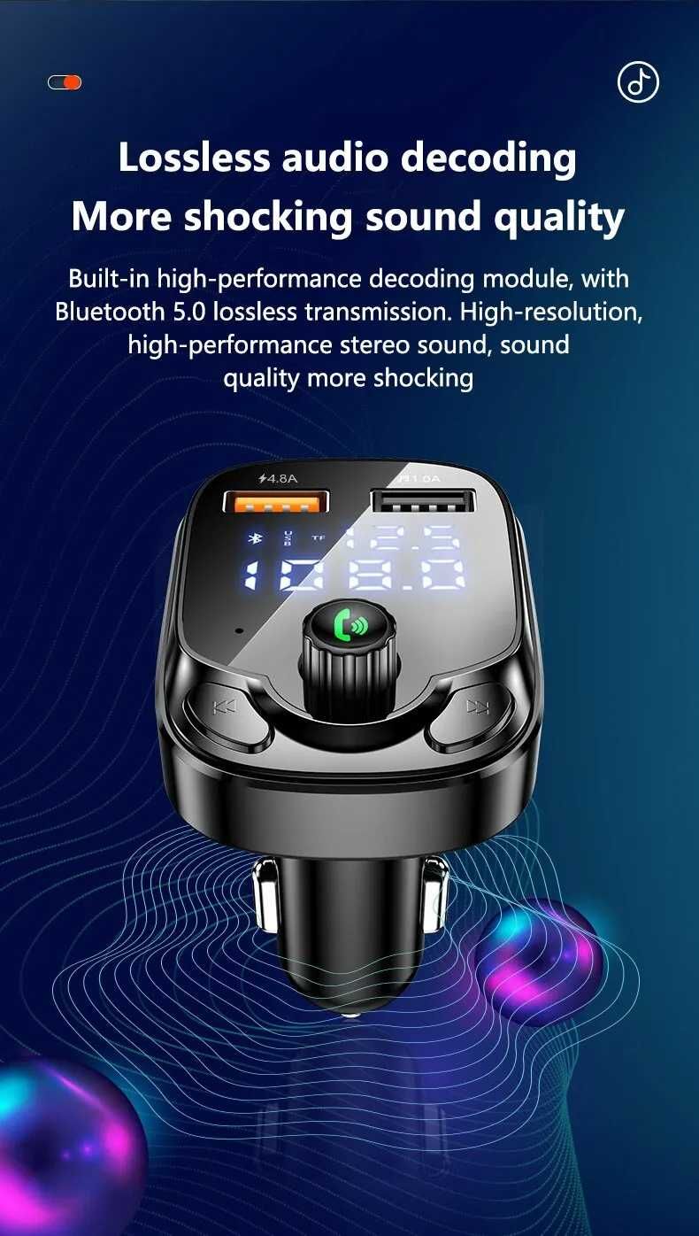 4.8A samochodowy Bluetooth 5.0 FM nadajnik 2 USB QC3.0