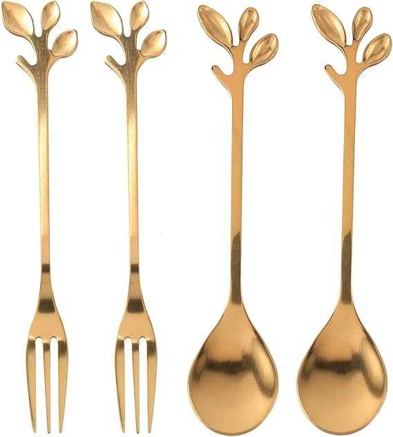 Zastaw łyżka i widelec- złoty liść 16 sztuk (8 łyżek 8 widelców)