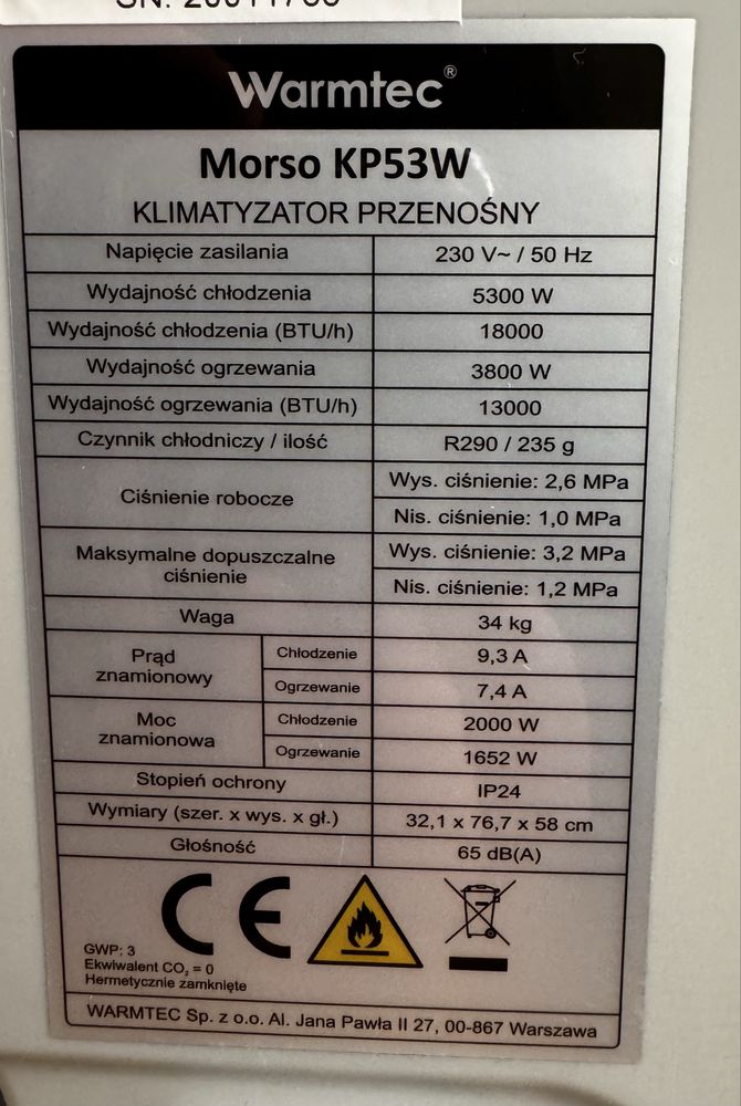 Warmtec Morso KP53W 5300W z Wi-Fi do 60m² 4 tryby pracy